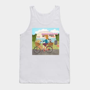 The caravan cafe with a lady on a Dutch bike with shopping and a dog Tank Top